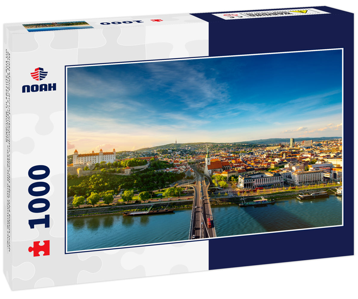 Bratislava aerial cityscape view on the old town with Saint Martin's cathedral, castle hill and Danube river on the sunset in Slovakia