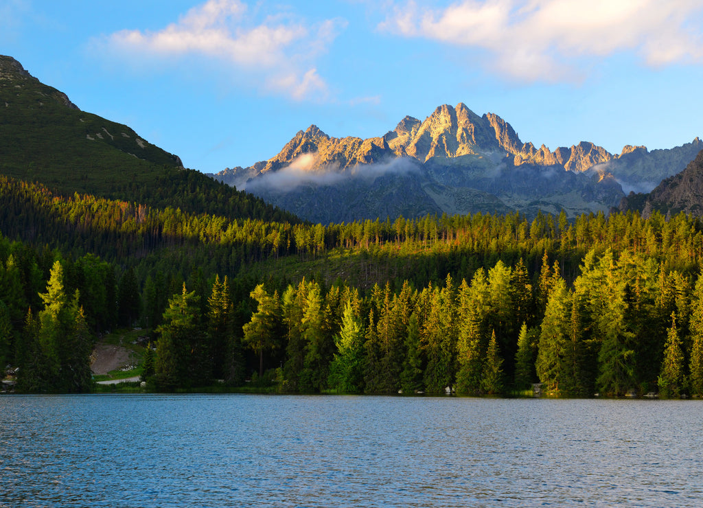 Mountain lake Strbske pleso in National Park High Tatras at sunset, Slovakia, Europe