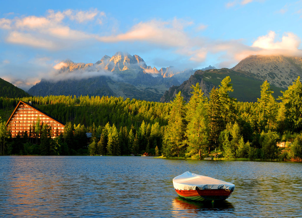 Mountain lake Strbske pleso in National Park High Tatras at sunset, Slovakia, Europe