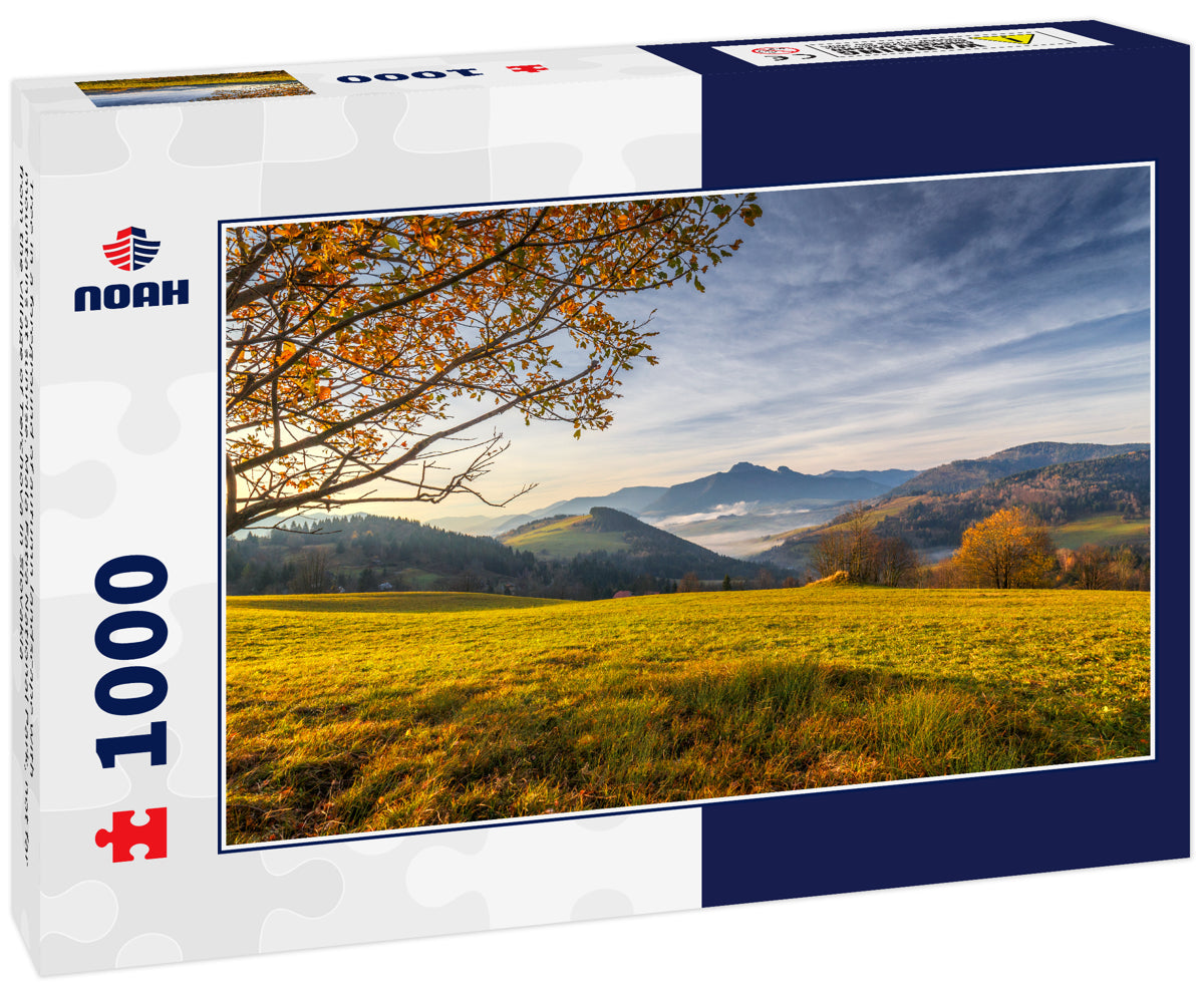 Tree in a foreground of autumn landscape with mountains at sunrise. Mala Fatra National Park, not far from the village of Terchova in Slovakia
