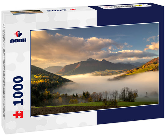 Landscape with mountains at foggy sunrise in autumn. Mala Fatra National Park, near the village of Zazriva in Slovakia, Europe