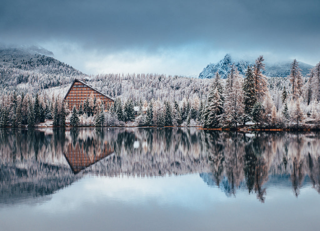 First snow at Strbske pleso, Slovakia. Winter nature, Christmas Scenery