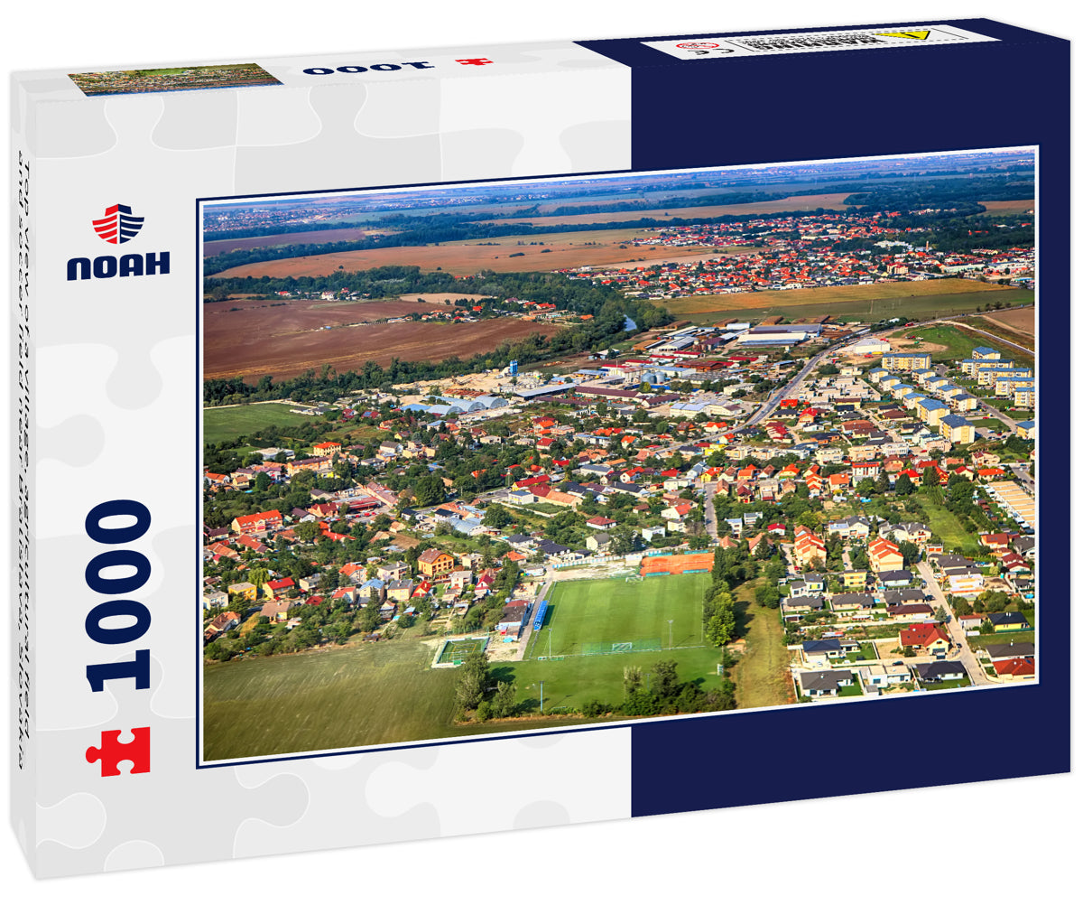 Top view of a village, agricultural field and soccer field near Bratislava, Slovakia