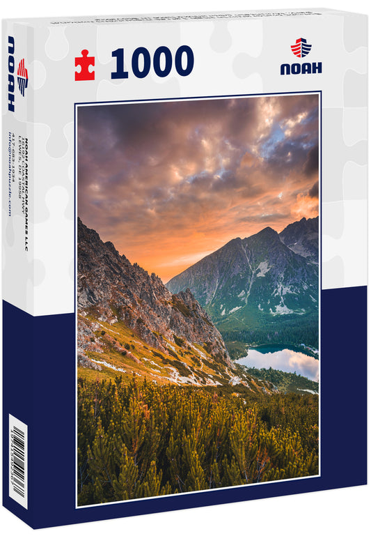 Sunset panorama in High Tatras mountains national park. Mountain popradske lake in Slovakia