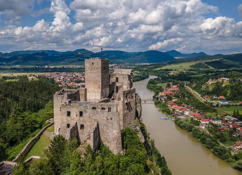 Aerial view of the castle in the village of Strecno in Slovakia
