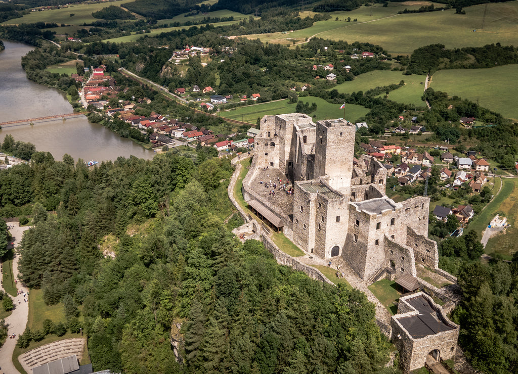 Aerial view of the castle in the village of Strecno in Slovakia