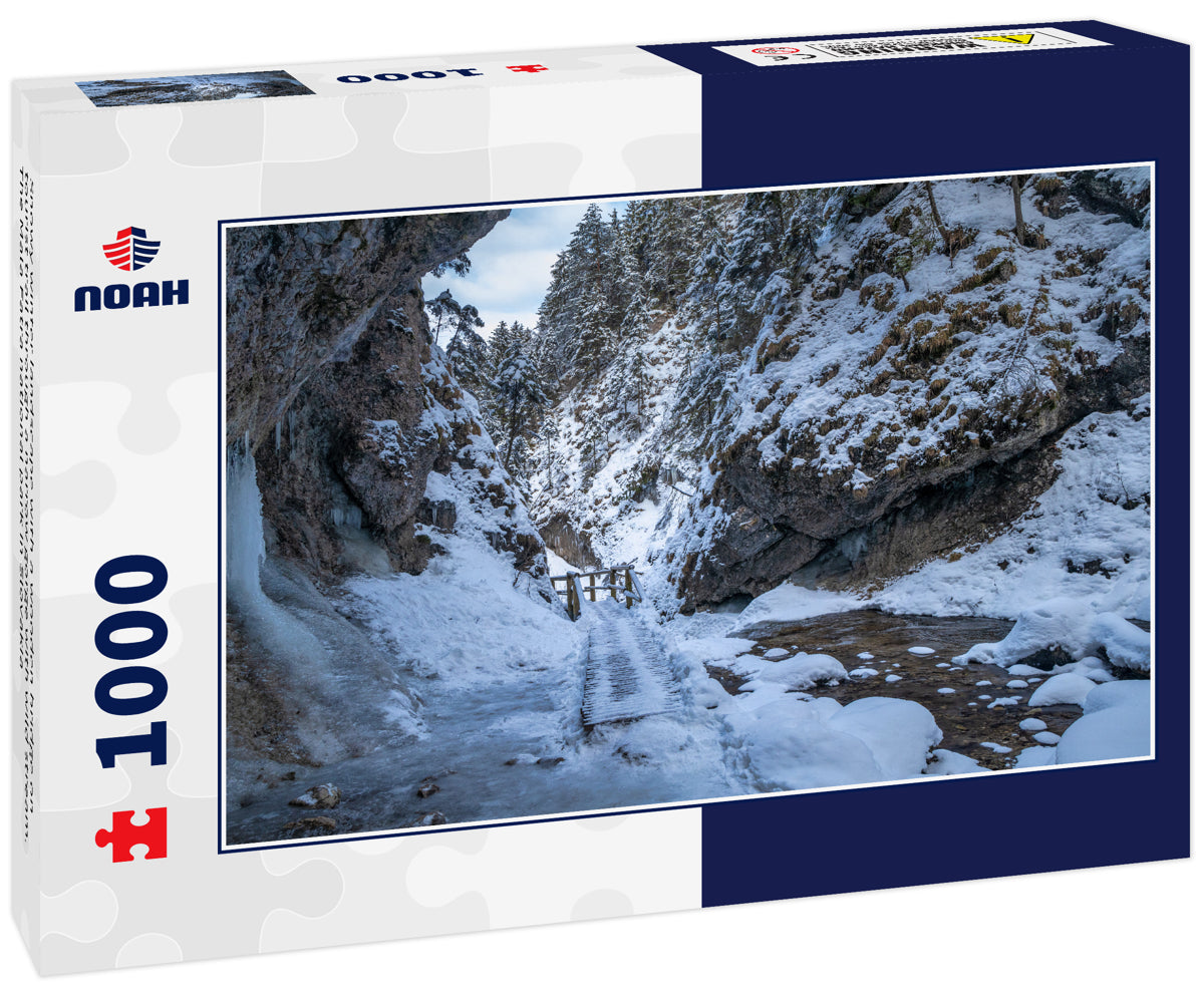 Snowy winter landscape with a wooden bridge on tourist trail through a narrow gorge with wild stream. The Mala Fatra national park in Slovakia