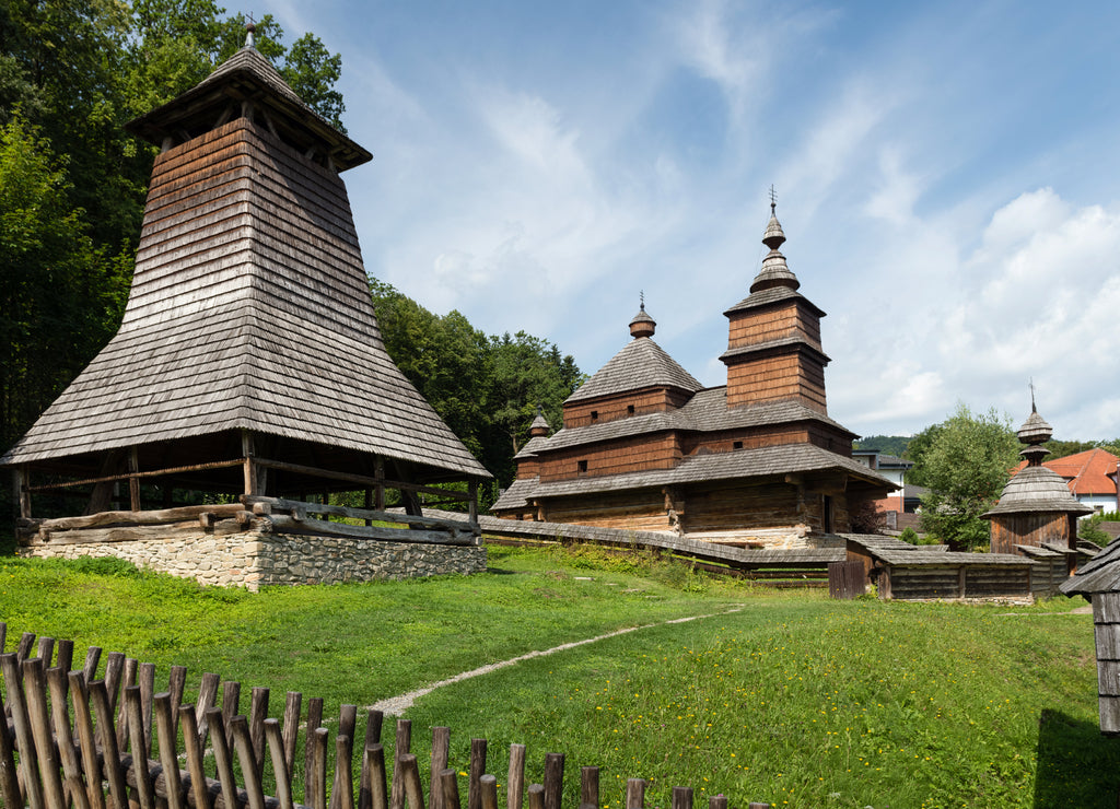 The Greek Catholic wooden church of St Nicolas from a village Zboj located in the museum of Folk Architecture in spa of Bardejov, Slovakia