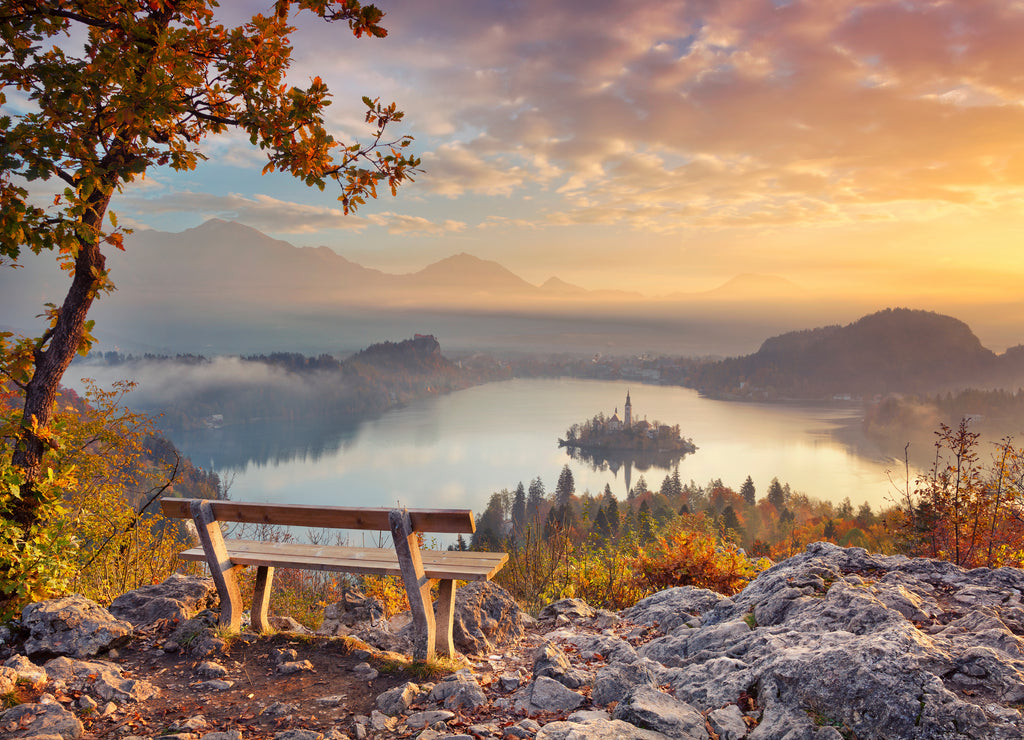 Autumn Lake Bled. Lake Bled with small Bled Island during autumn sunrise. Bled, Slovenia, Europe