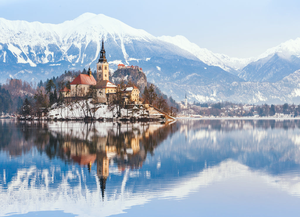Winter landscape Bled Lake, Slovenia