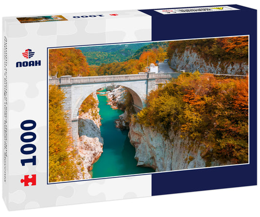 Autumn scenery of Soca river and Napoleon's bridge near Kobarid, Slovenia