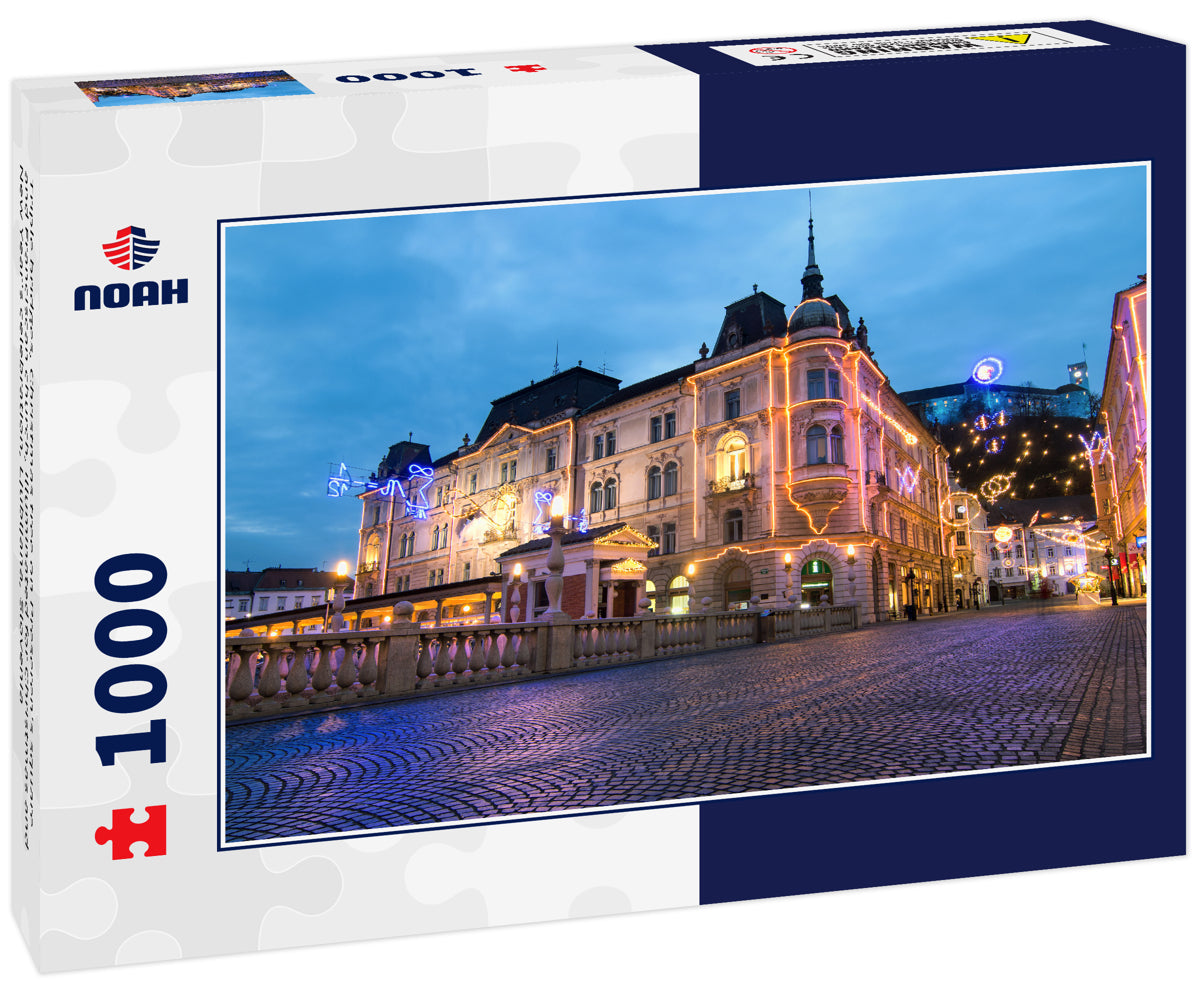 Triple bridges, Christmas tree on Preseren's square and Franciscan church, illuminated for Christmas and New Year's celebration, Ljubljana, Slovenia