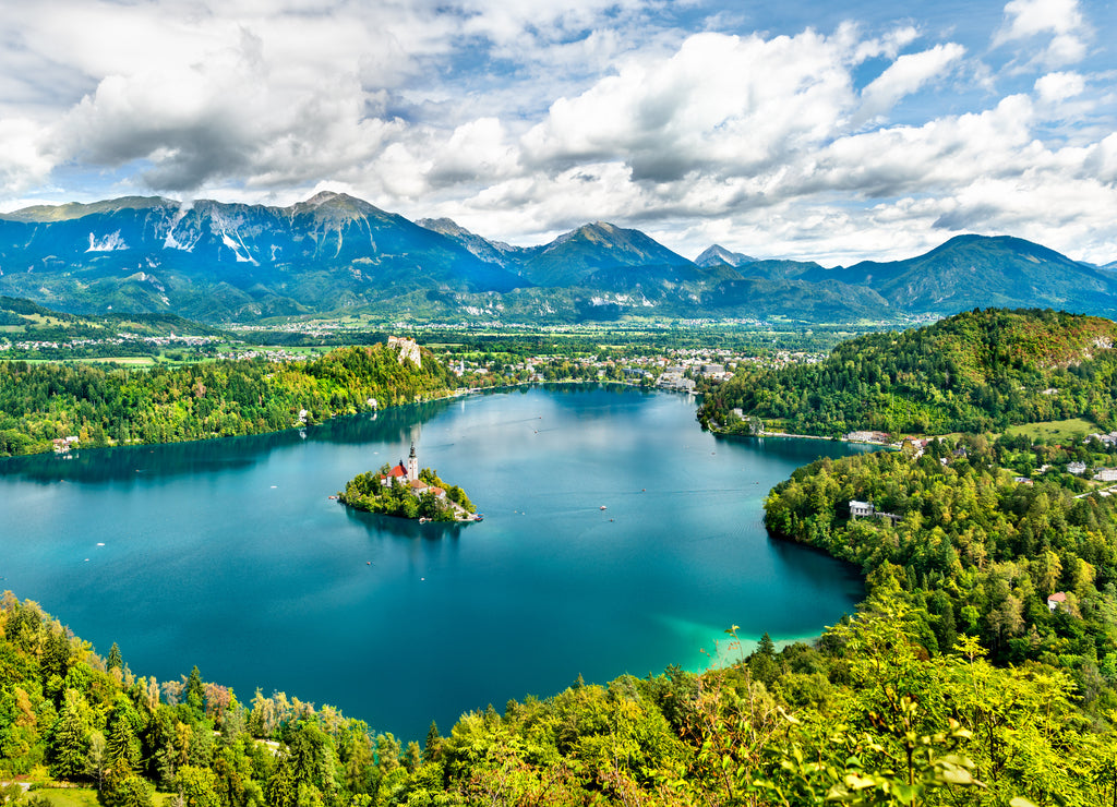 Panoramic view of Lake Bled with the island in Slovenia