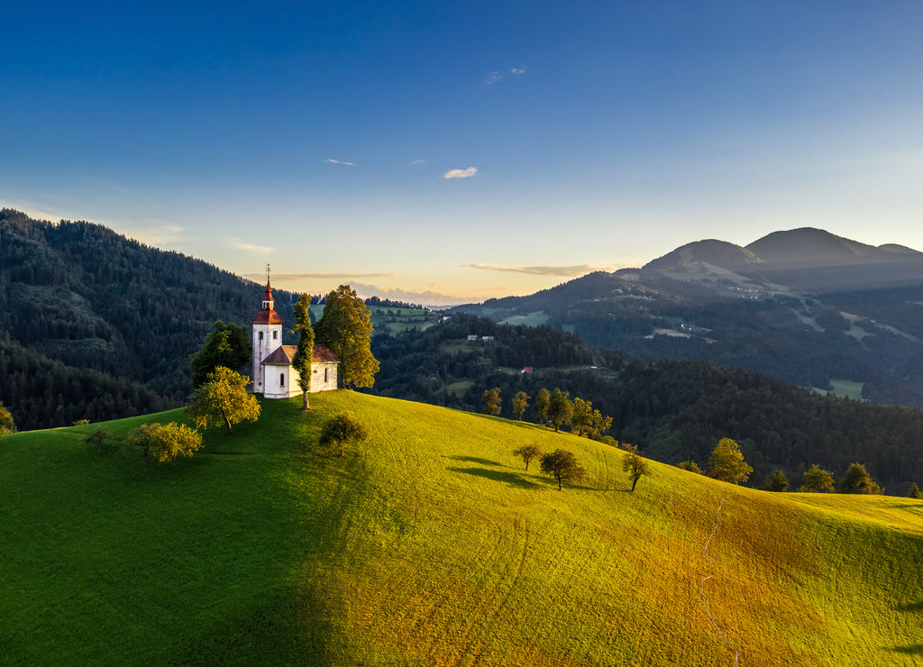 Skofja Loka, Slovenia - Aerial view of the beautiful hilltop Sveti Tomaz (Saint Thomas) church