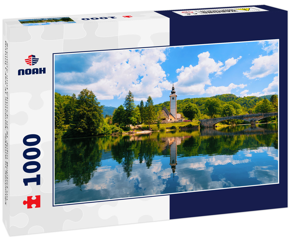 Scenery and Church of St John Baptist on Bohinj Lake at Slovenia. Nature in Slovenija