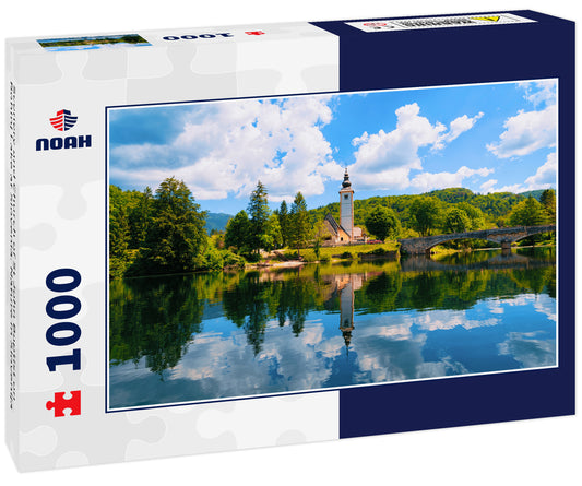 Scenery and Church of St John Baptist on Bohinj Lake at Slovenia. Nature in Slovenija