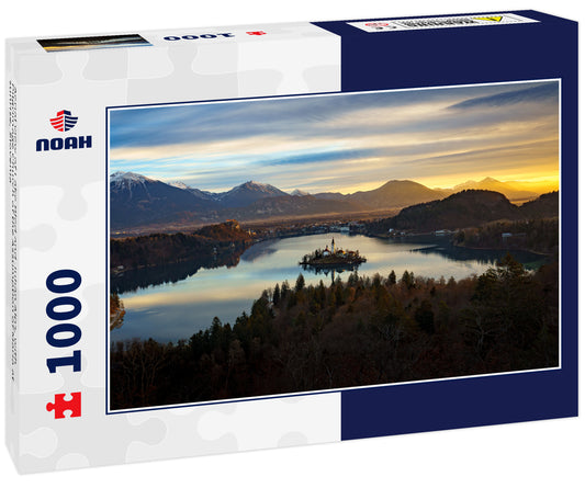 Aerial view of Lake Bled and Julian Alps, with Pilgrimage Church of the Assumption of Maria at sunrise, Slovenia