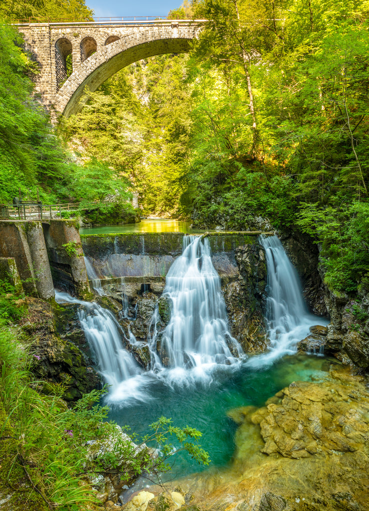 Vintgar gorge in Slovenia. Views of the river Radovna and waterfalls near Bled, Slovenia