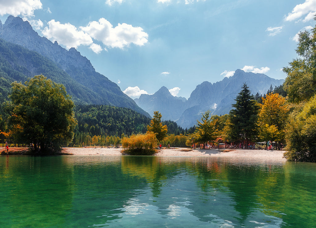 Amazing Mountain lake in Slovenia in sunny day. Famous Jasna lake in Julian Alps