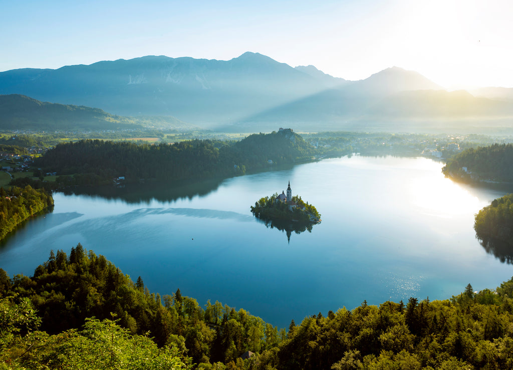 Aerial panorama of Bled lake in Slovenia