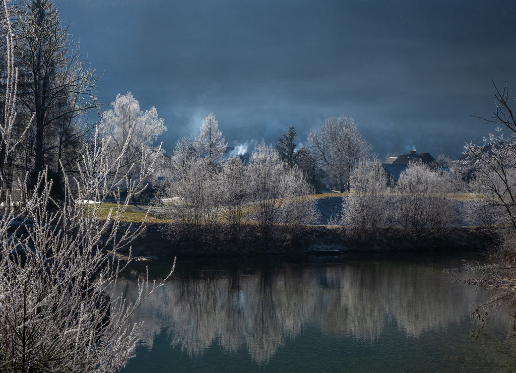 Winter morning on the lake. Triglav National Park. Julian Alps in Slovenia, Europe