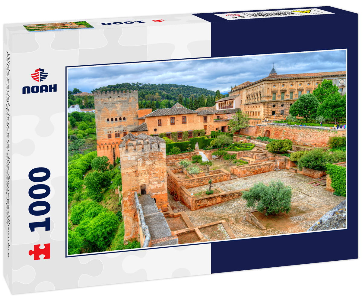 Wide aerial view over the famous Alhambra Palace and garden in Granada, Spain