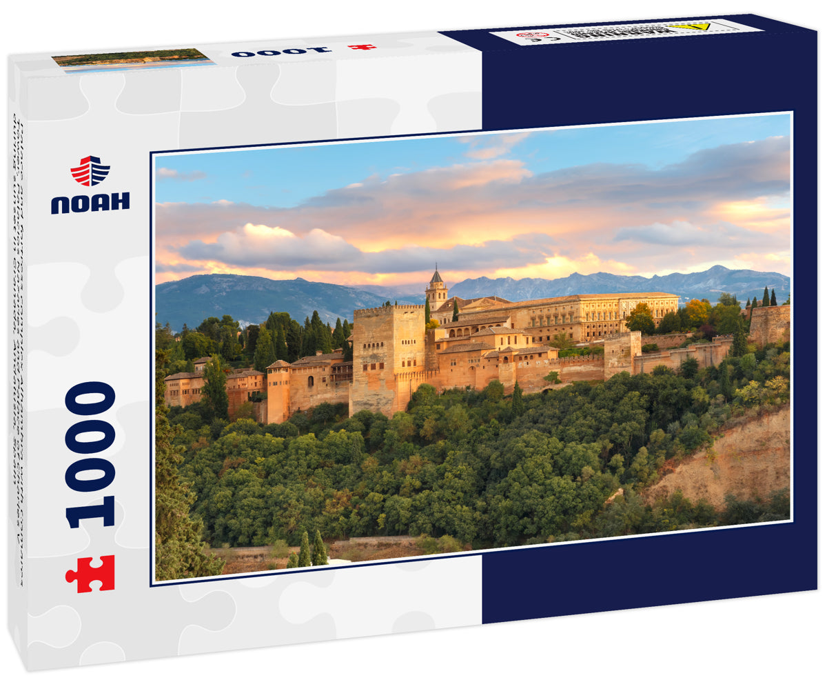 Palace and fortress complex Alhambra with Comares Tower, Palacios Nazaries and Palace of Charles V during sunset in Granada, Andalusia, Spain