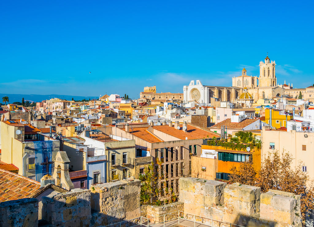Aerial view of tarragona taken from the circo romano with the cathedral of saint mary on background
