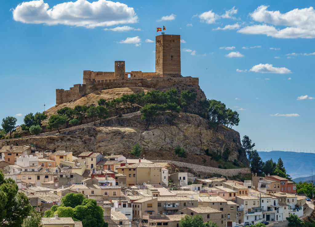 Biar castle at top of hill over town, Alicante, Spain