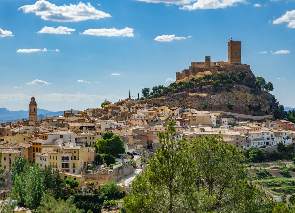 Biar castle at top of hill over town, Alicante, Spain