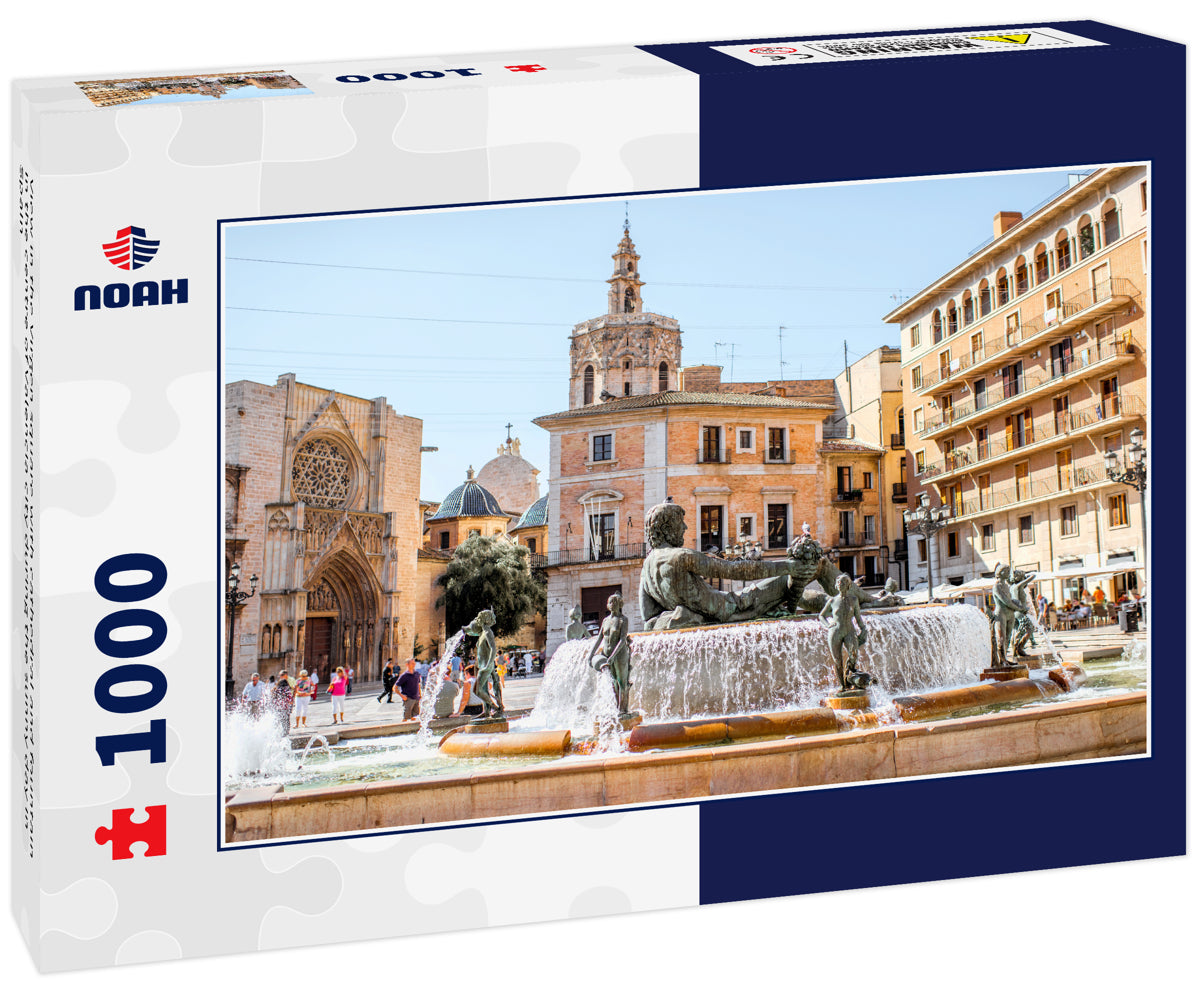 View in the Virgen square with cathedral and fountain in the centre of Valencia city during the sunny day in Spain