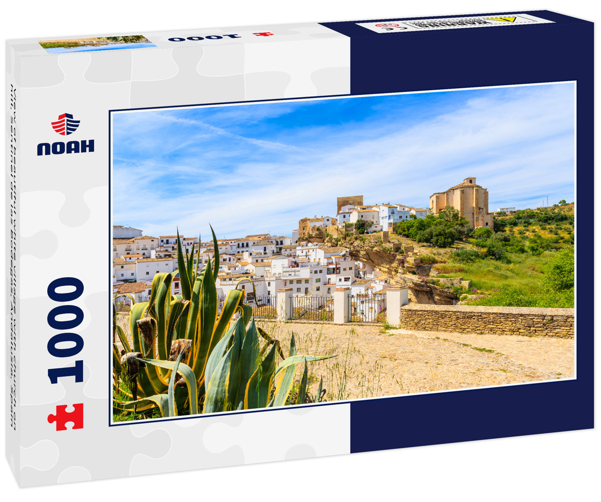 View of beautiful white village with church on hill, Sentinel de las Bodegas, Andalusia, Spain