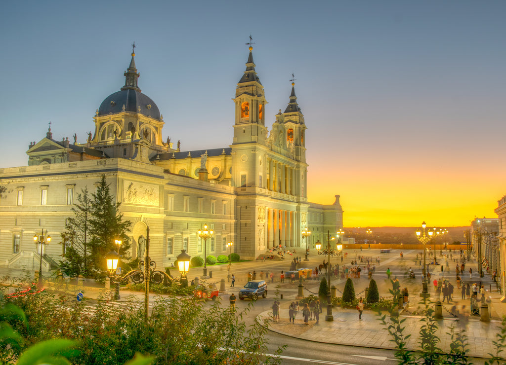 Sunset view of the Almudena cathedral in Madrid