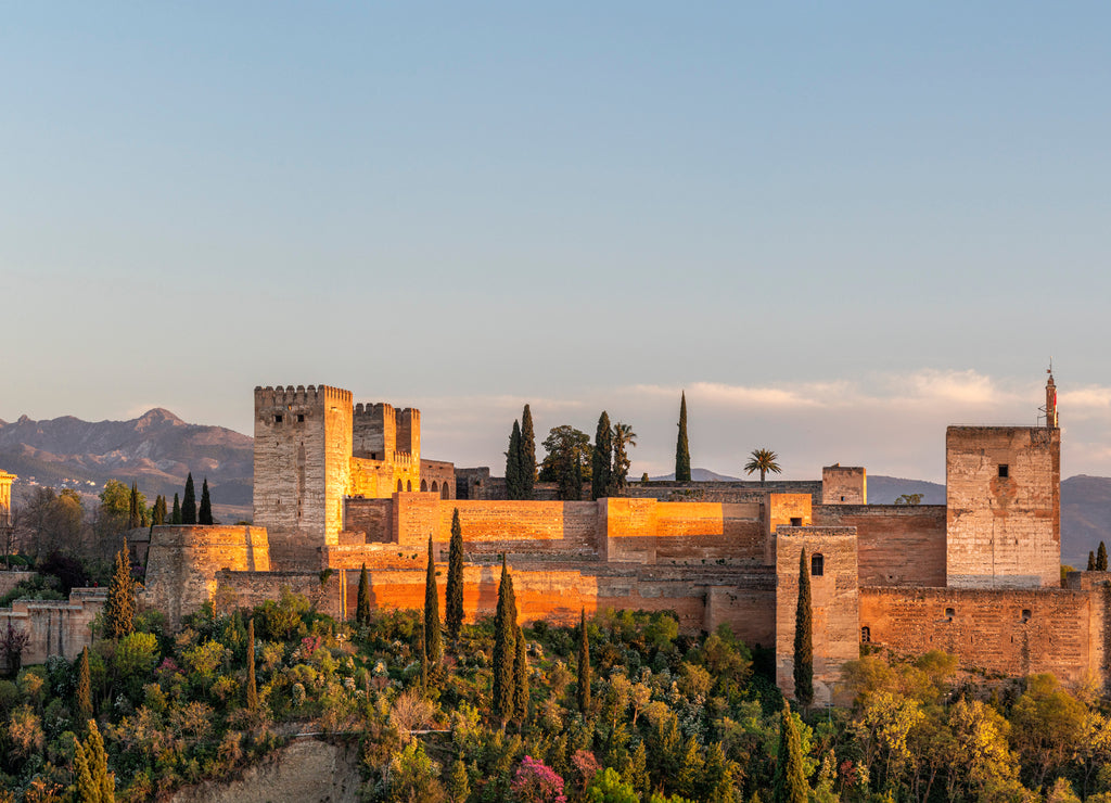 Alhambra fortress palace in Granada Spain at sunset