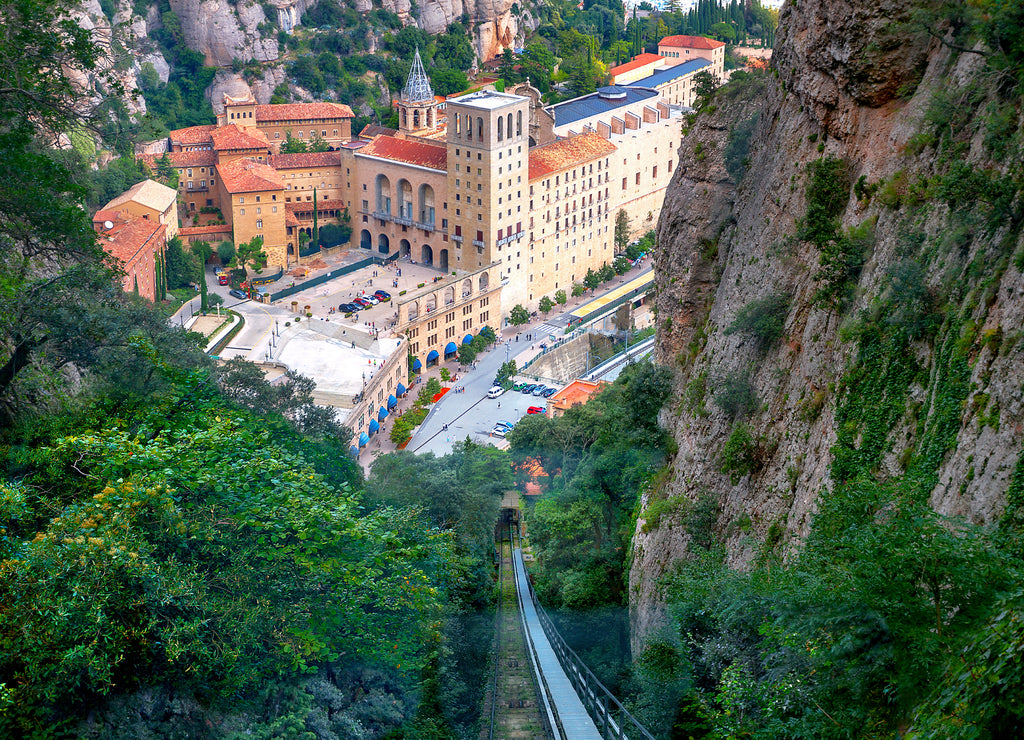 Funicular railway with view of monastery Santa Maria de Montserrat. Catalonia, Spain