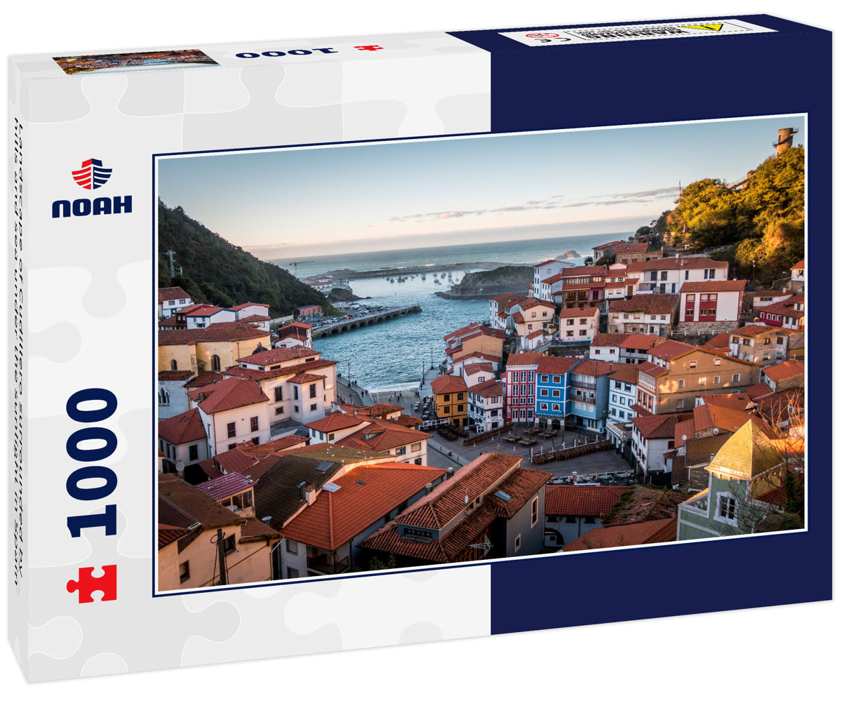 Landscape of Cudillero surrounded by hills and sea under the sunlight in Spain