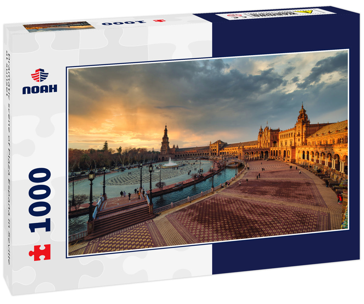 Dramatic scene of Plaza España in Seville at sunset