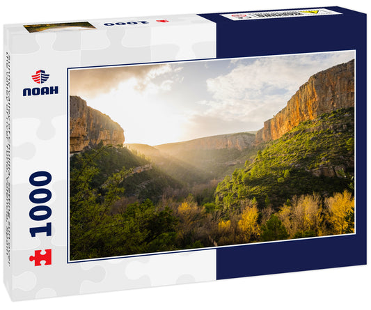 Sunny valley of Chulilla, setting sun over the valley of river Turia, Valencia, Spain