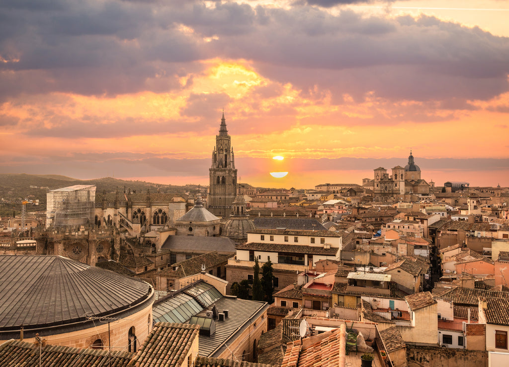 Sunset from the rooftops in the medieval city of Toledo in Castilla La Mancha, Spain
