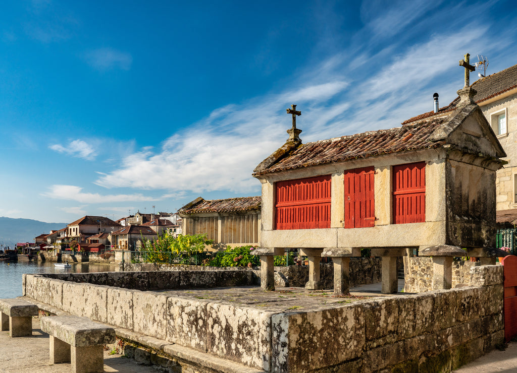 typical Galicia granaries in Combarro on the Pontevedra estuary, Spain