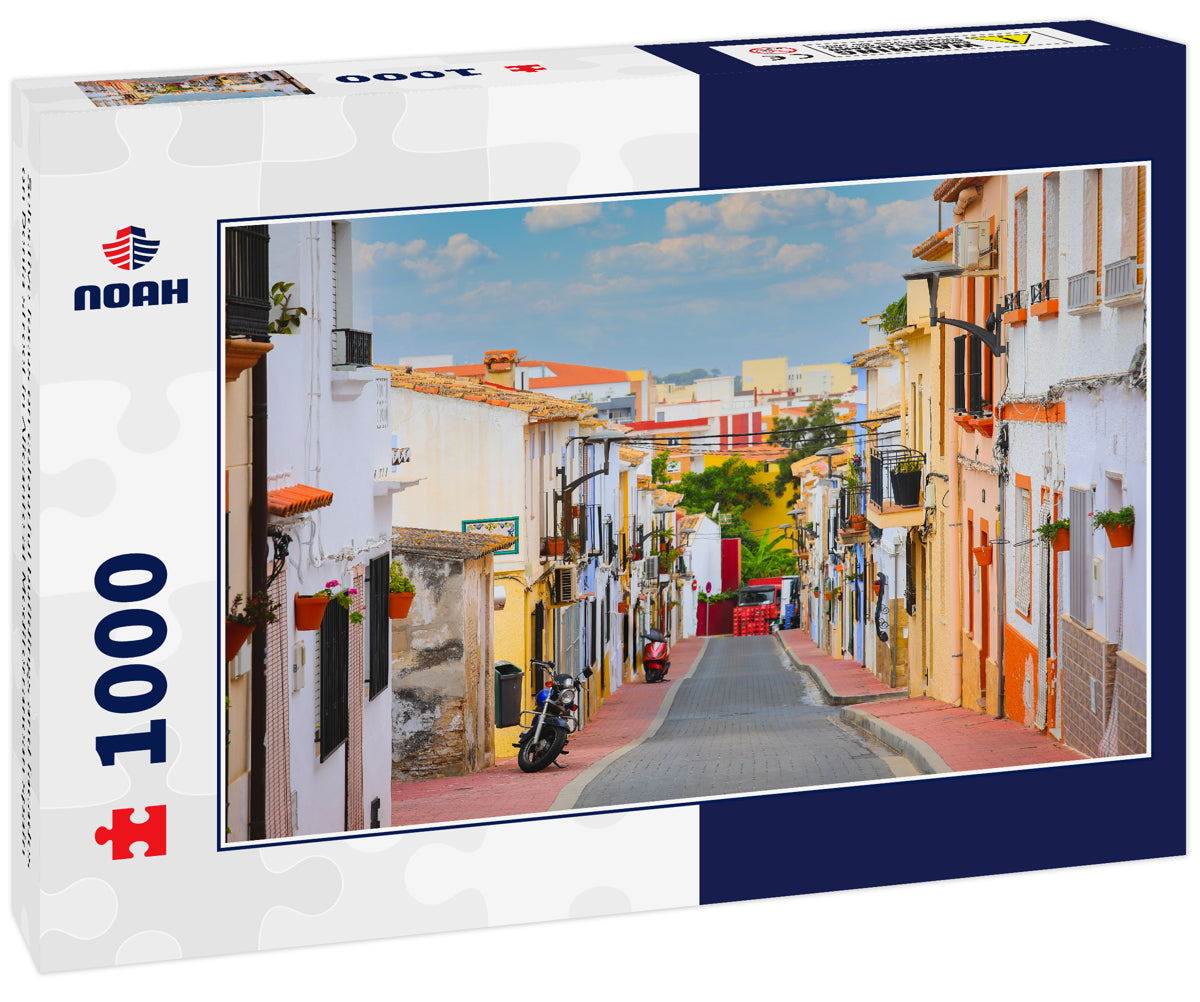 Selective focus on colourful buildings and facades on Denia street in Alicante at Mediterranean spain