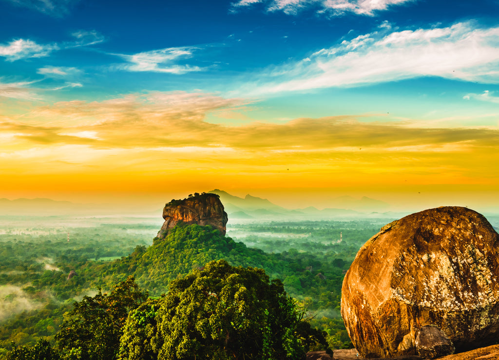 Sunrise view to Sigiriya rock from Pidurangala Rock in Sri Lanka