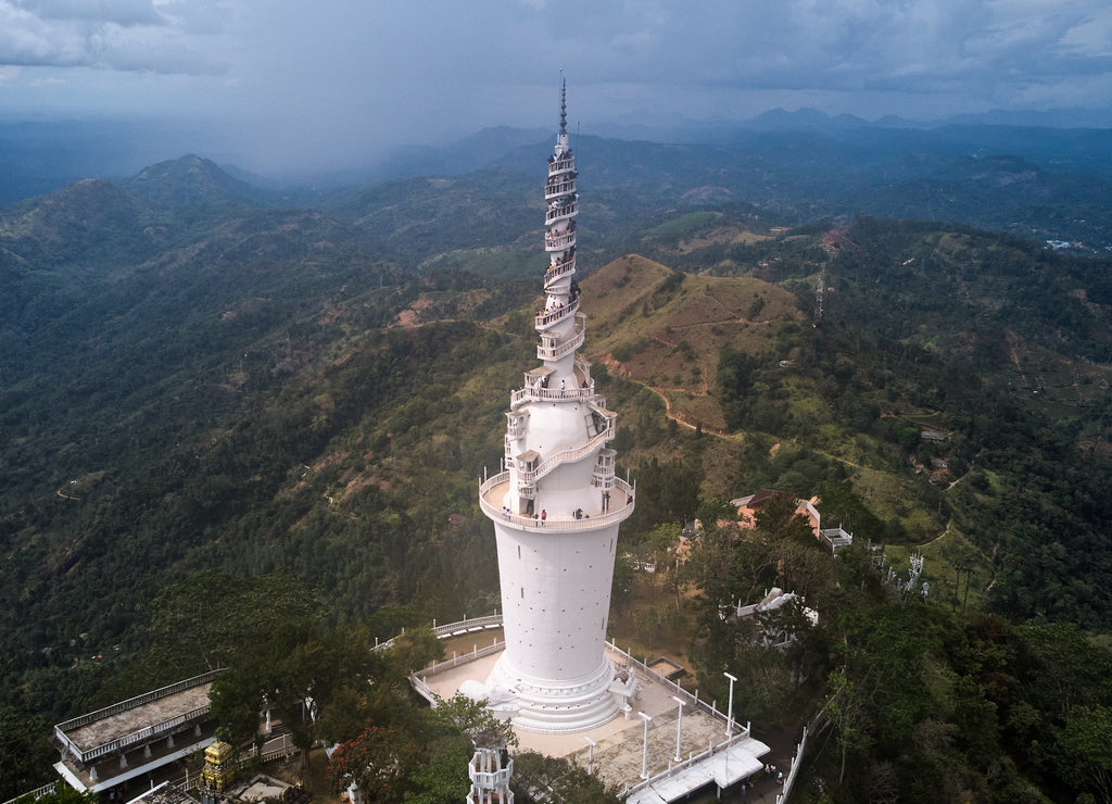 Aerial view of Ambuluwawa tower in central Sri Lanka. Tower near the town of Gampola