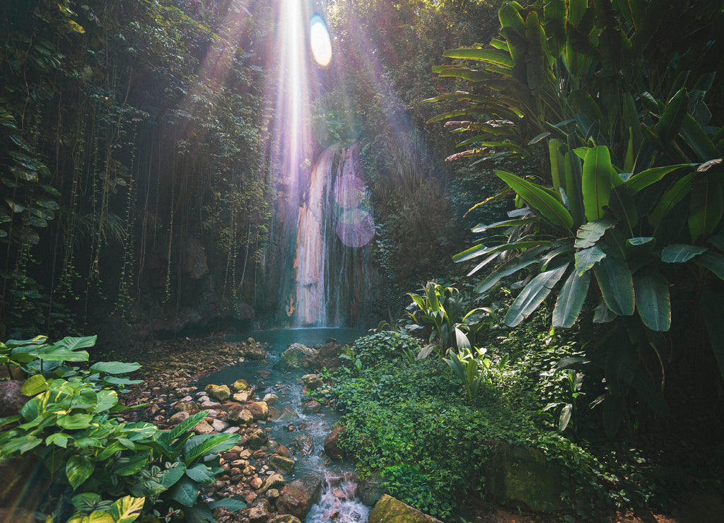 Tropical diamond waterfall on caribbean island with sunlight, St. Lucia