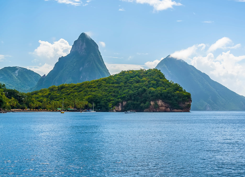 A view towards Anse Chastanet Beach, St Lucia with the Pitons in the distance