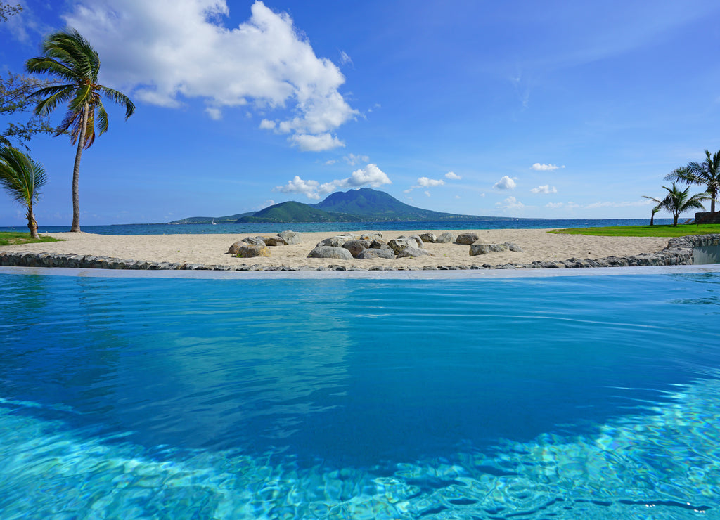 View of the Nevis Peak on Nevis Island across the water from St Kitts