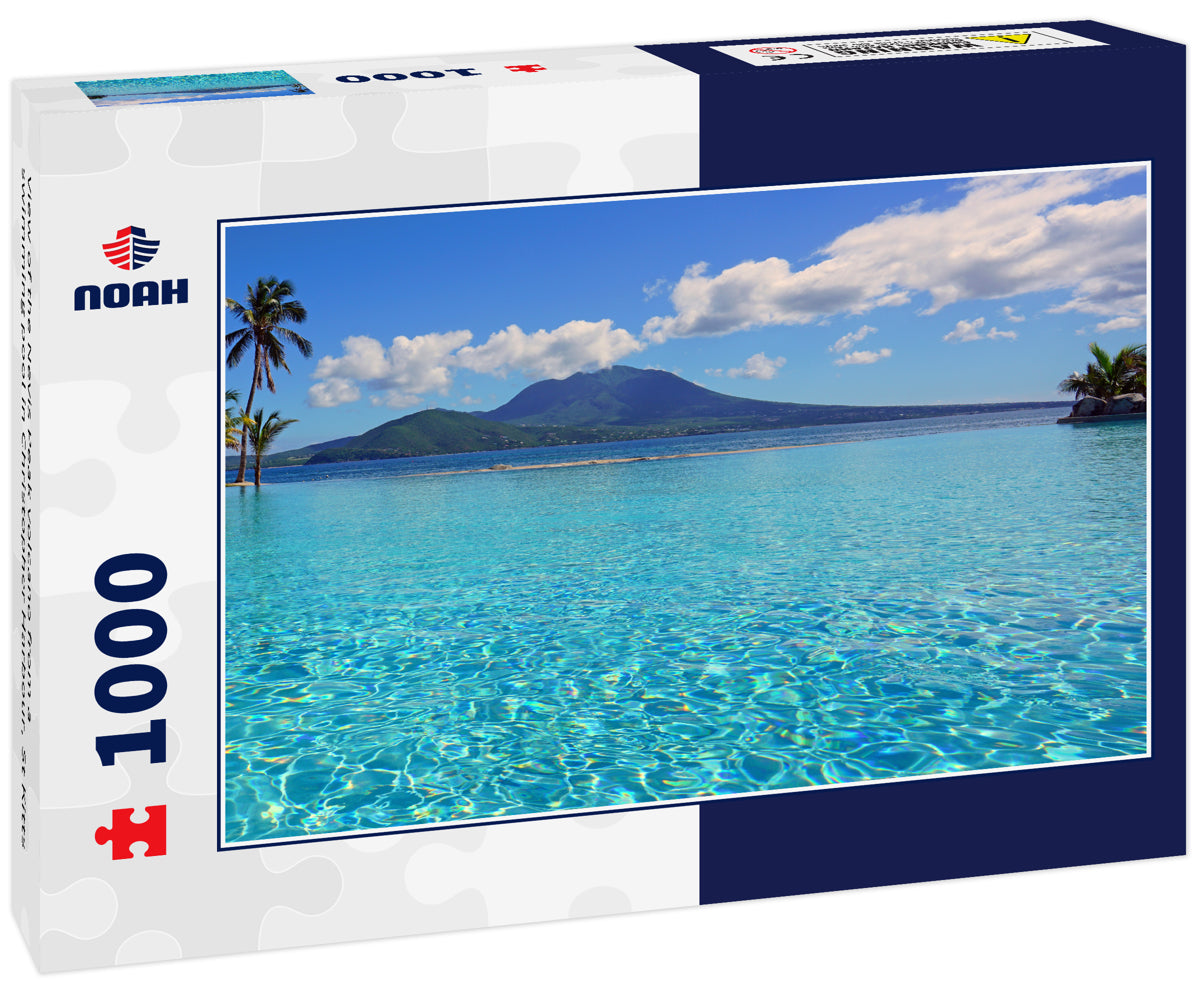 View of the Nevis Peak volcano from a swimming pool in Christopher Harbour, St Kitts