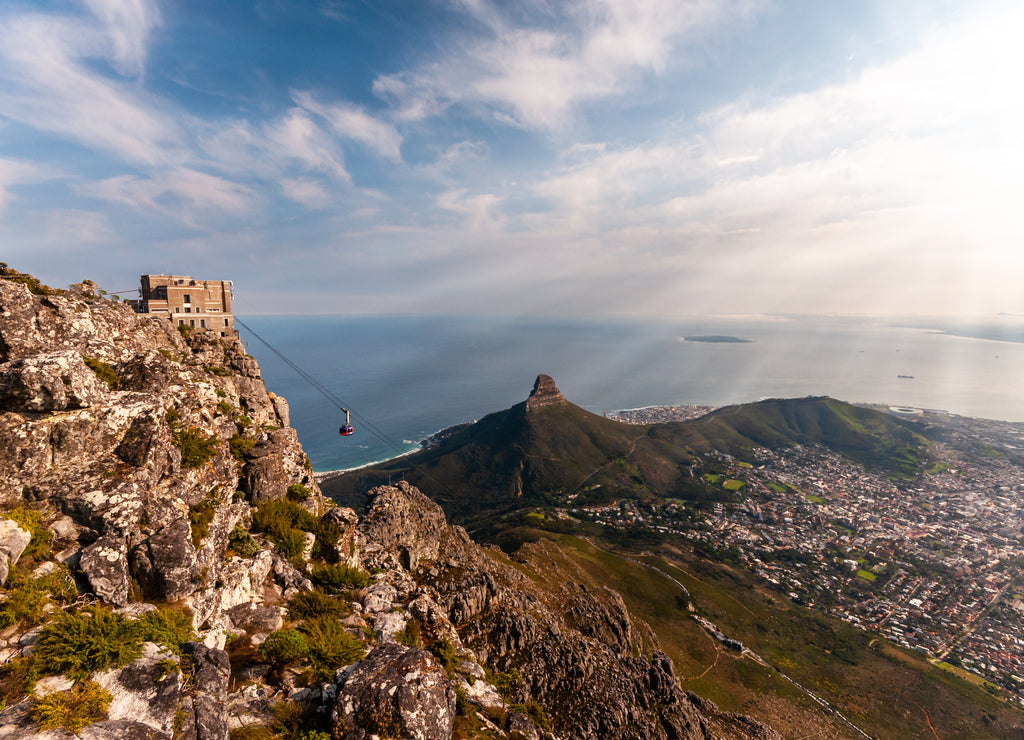 Cable car station on the top of Table Mountain in a warm sunny winter day. Cape Town, South Africa