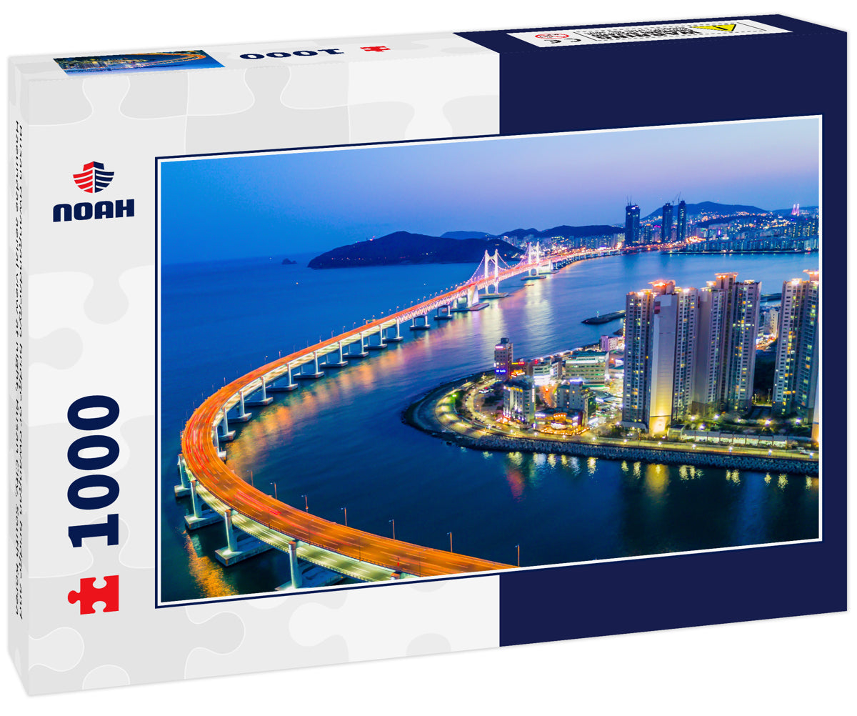 Busan Gwangandaegyo bridge or Gwangan bridge and Haeundae aerial view at night, Busan City, South Korea