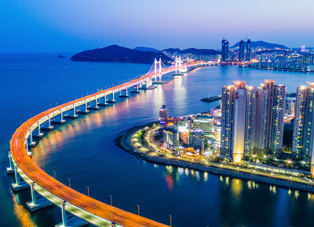 Busan Gwangandaegyo bridge or Gwangan bridge and Haeundae aerial view at night, Busan City, South Korea